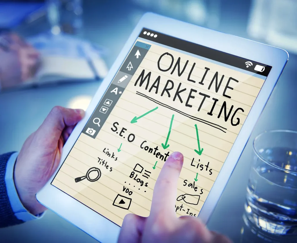 Digital marketing strategy tablet displaying online marketing and SEO content planning