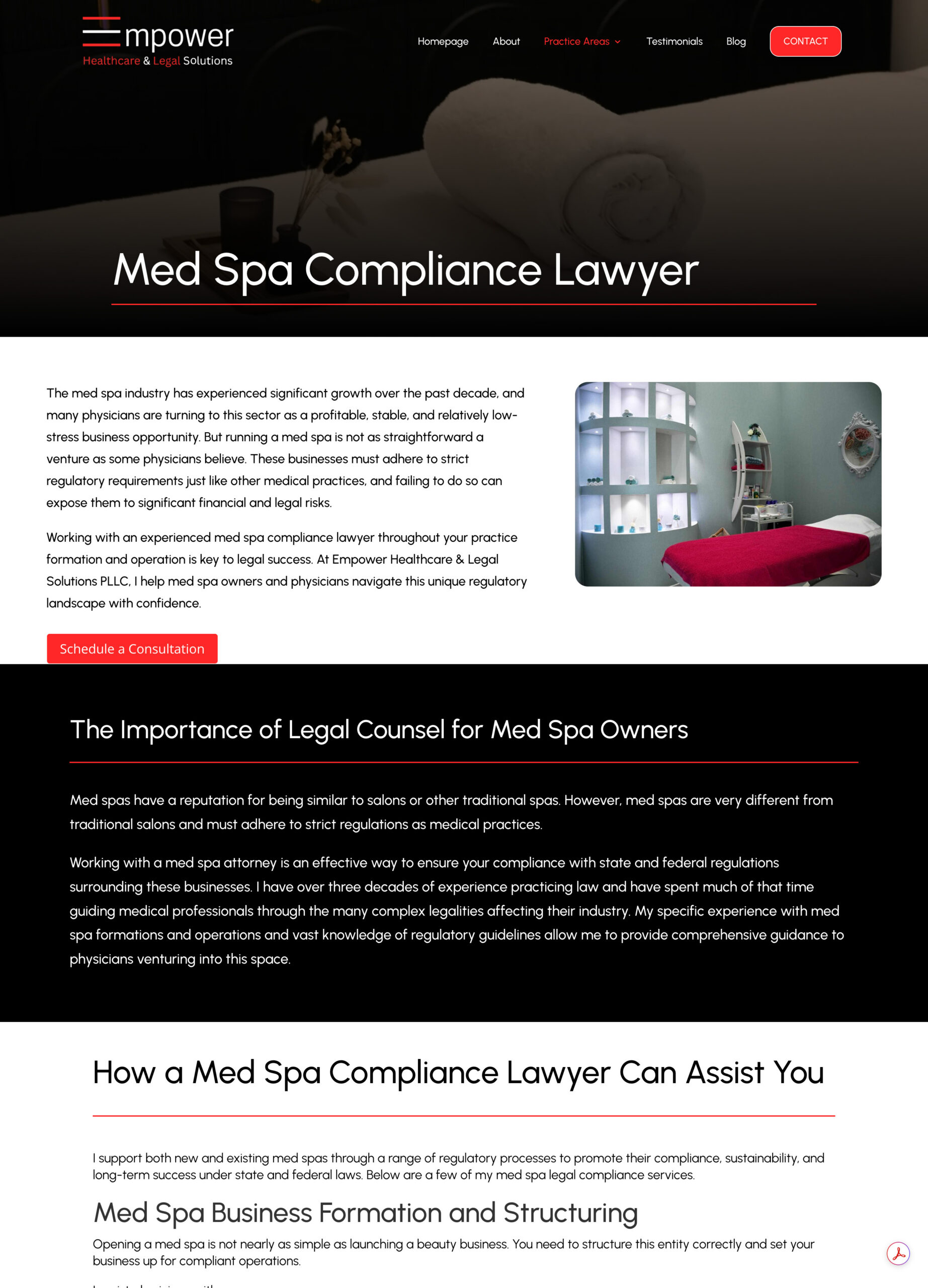 EHLS med spa healthcare law service page designed by SnowdriftCO